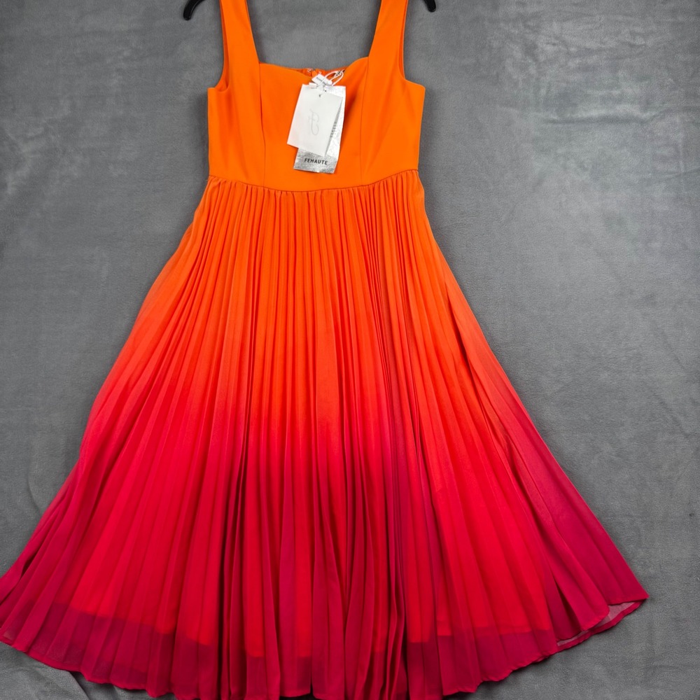 FEHAUTE Orange Pink Ombre Pleated Midi Dress Sleeveless Square Neck Size 4 NEW - Picture 2 of 10
